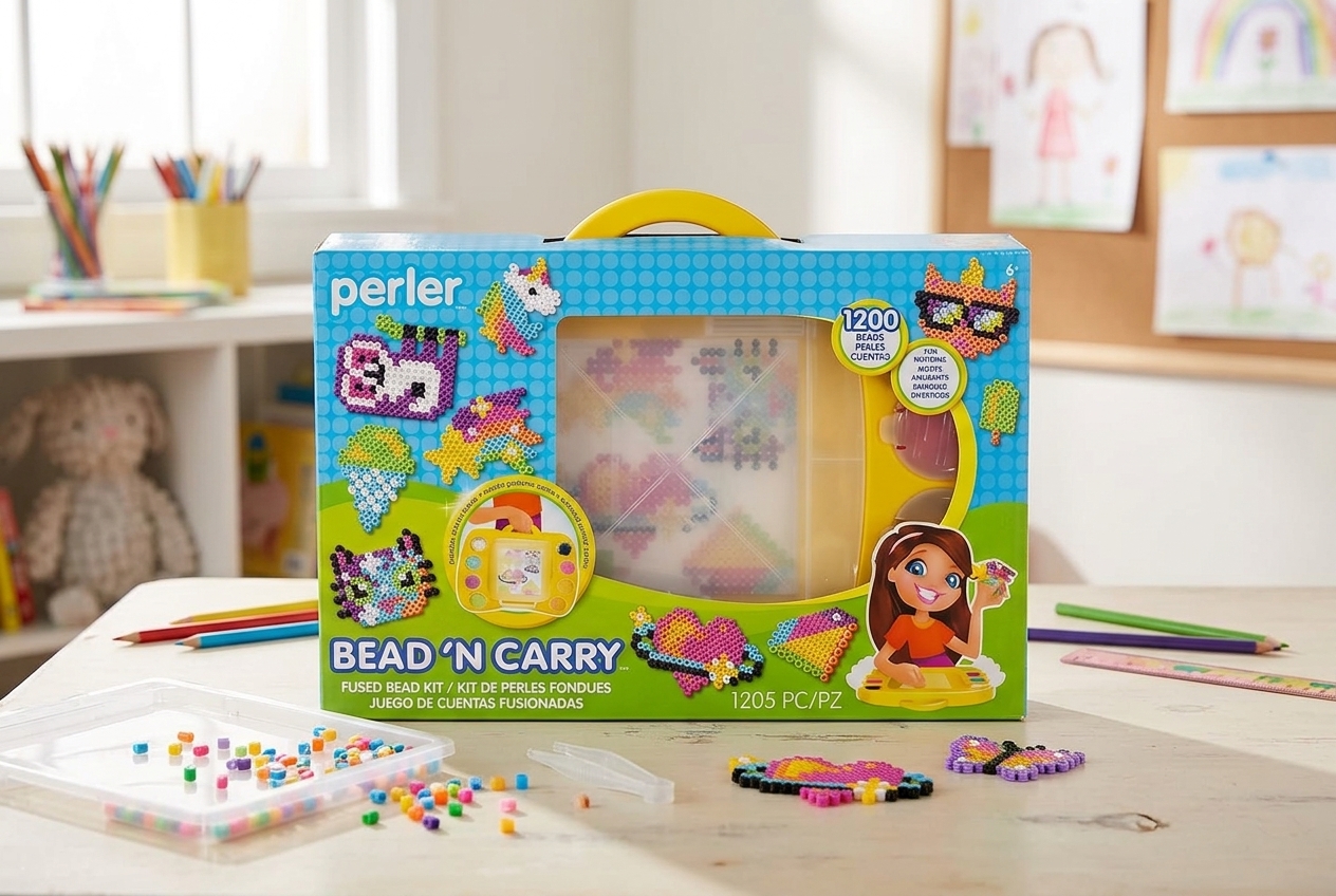 Colorful fuse beads sorted in trays with pegboards and craft tools on a table