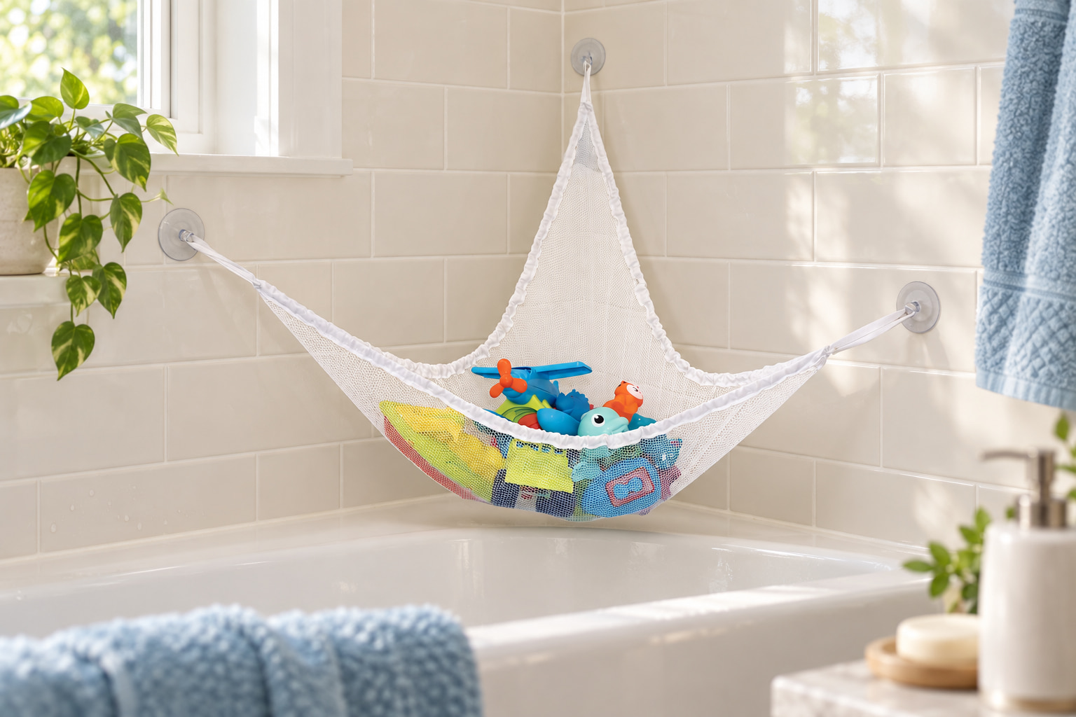 Prince Lionheart mesh bath hammock holding toys above a bathtub