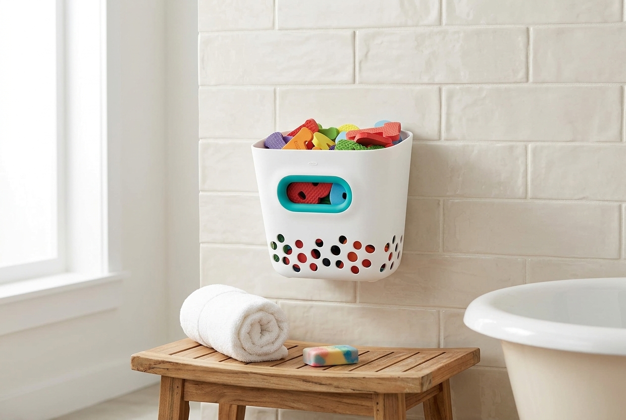 OXO Tot Bath Toy Bin showing scoop shape and drain holes