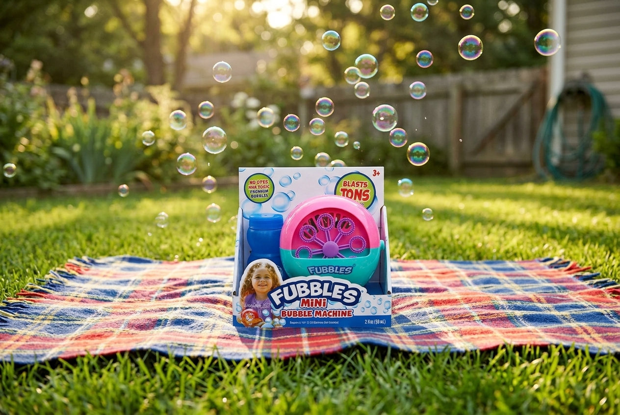 Fubbles Mini Bubble Machine showing compact body and bubble outlet