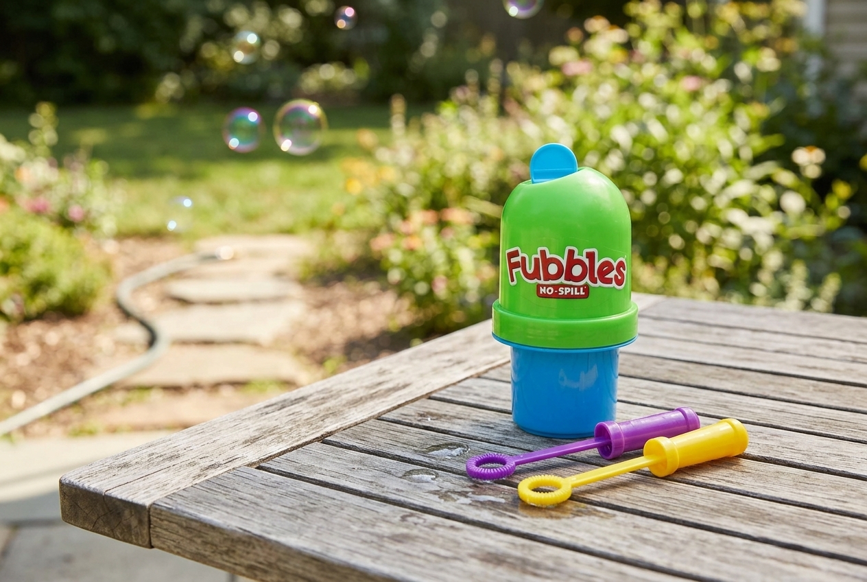 Fubbles No-Spill Bubble Tumbler upright with wand attached