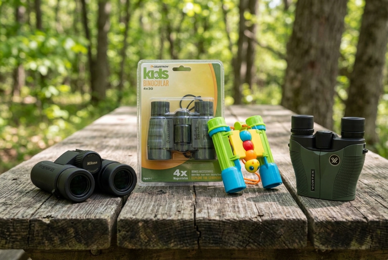 Four kids binocular picks arranged on a wooden trail table in the woods