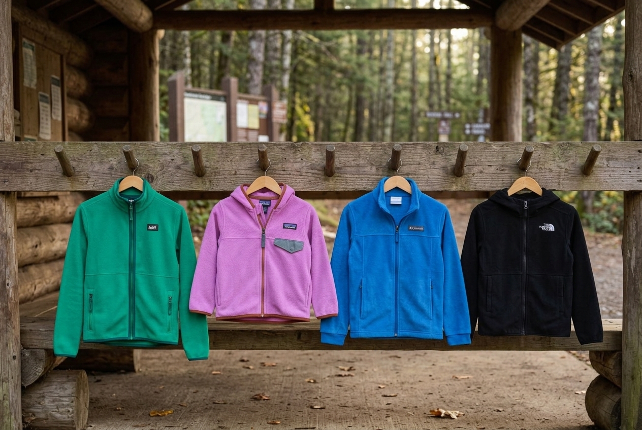 Four kids fleece jackets hanging at a wooded trailhead