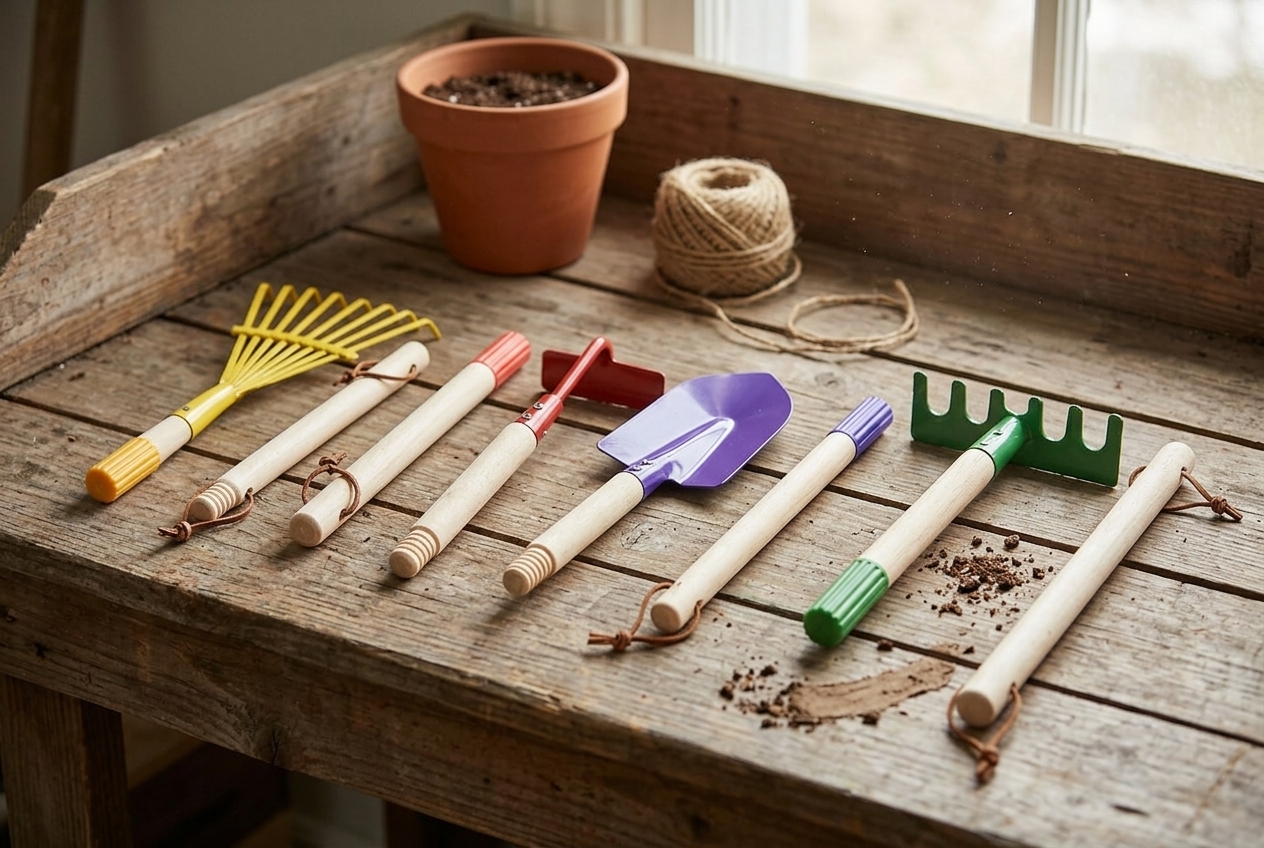 Colorful child-size gardening tools beside a damp raised bed, watering can, and empty gloves