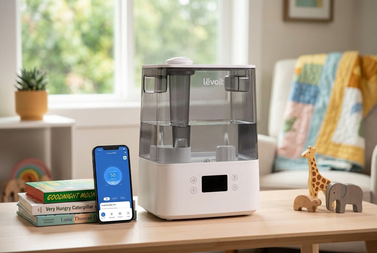Cool-mist humidifiers on a dresser in a child's bedroom