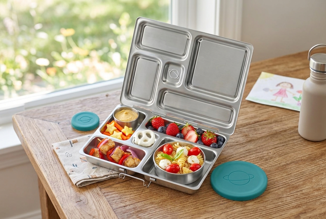 Kids lunch boxes on a kitchen table with fruit, sandwich pieces, crackers, and a backpack