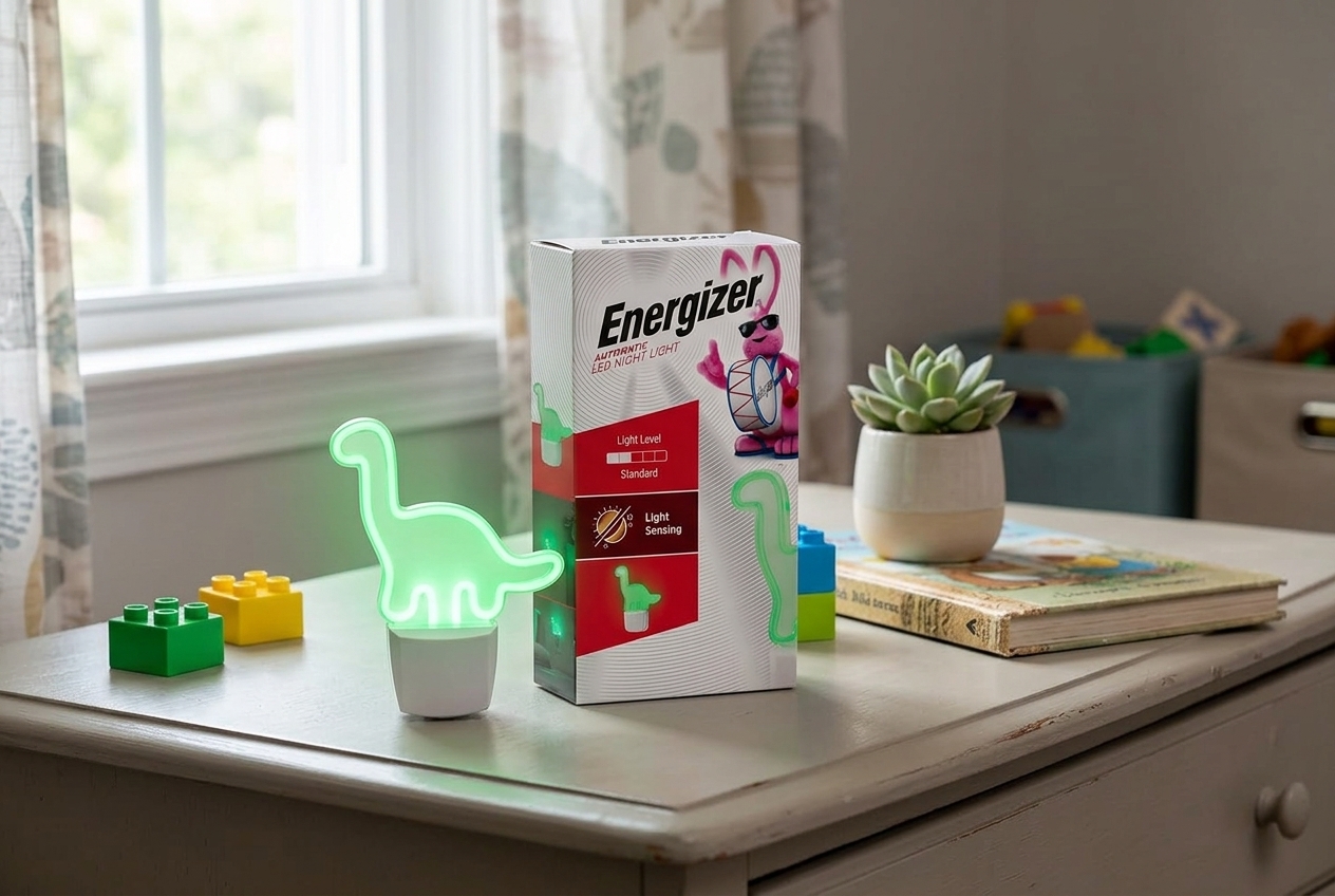 Energizer Dinosaur LED Night Light plugged into a child bedroom wall outlet
