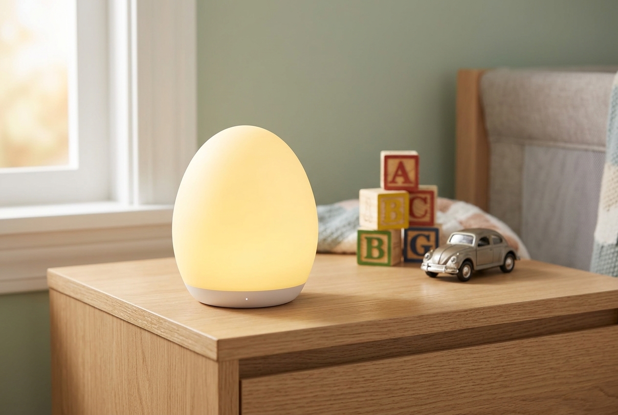 VAVA egg-shaped baby night light glowing on a wooden dresser beside alphabet blocks and a toy car