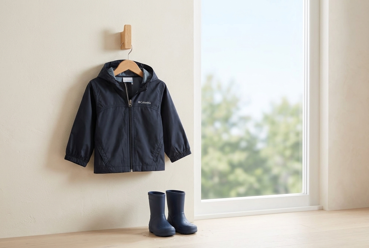 Navy Columbia kids rain jacket on a wooden wall hook beside a bright window with rain boots on the floor