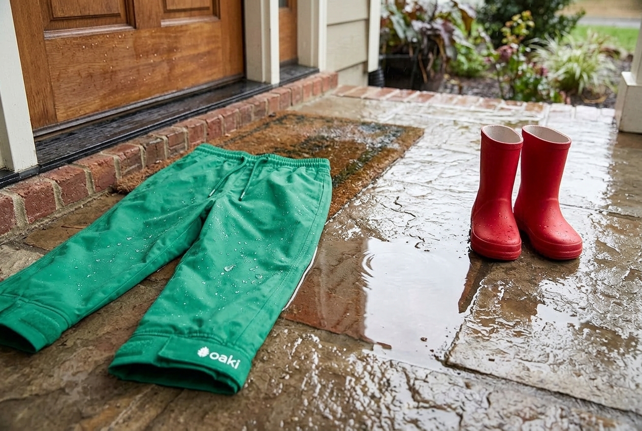 Green Oaki rain pants and red rain boots on a wet stone doorstep beside a shallow puddle