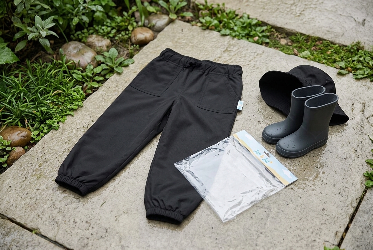 Black Jan & Jul Kids Single Layer Rain Pants with elastic waist, front pockets, and elastic cuffs