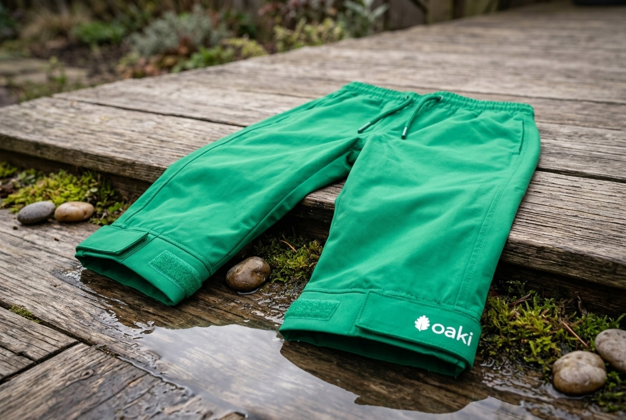 Green Oaki Trail Rain Pants with elastic waist, reinforced knees, and ankle cuffs