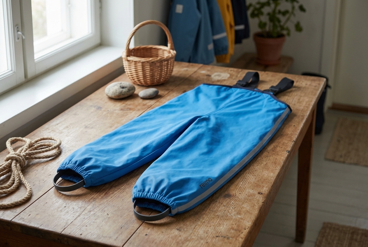 Blue Reima Lammikko Rain Pants with suspenders, high bib, and elastic foot straps