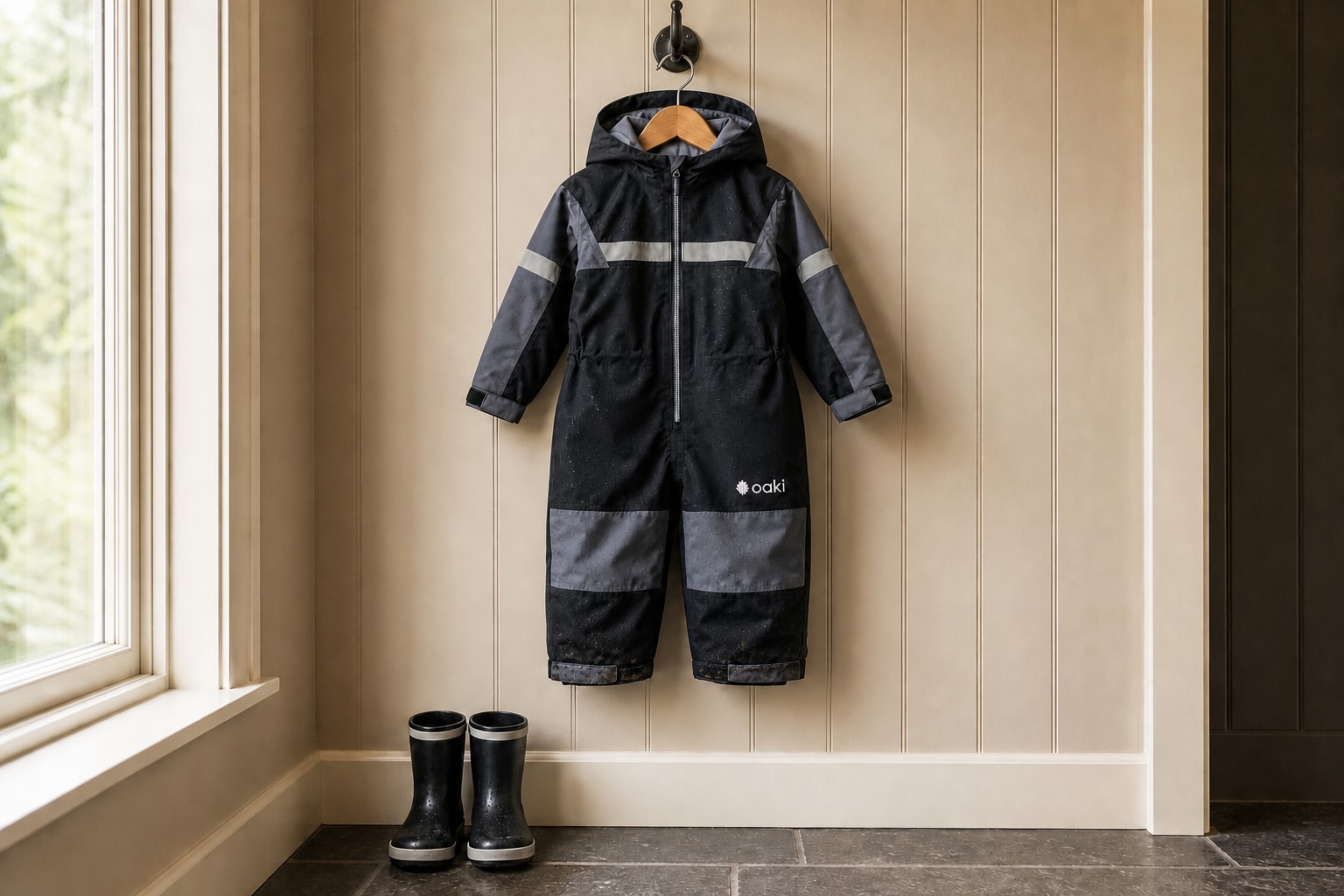 Black and gray Oaki rain suit with light mud flecks on a wooden hanger above damp rain boots in a family mudroom