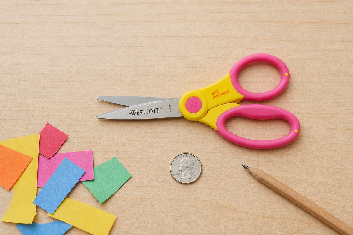 Child cutting paper with colorful safety scissors on a craft table