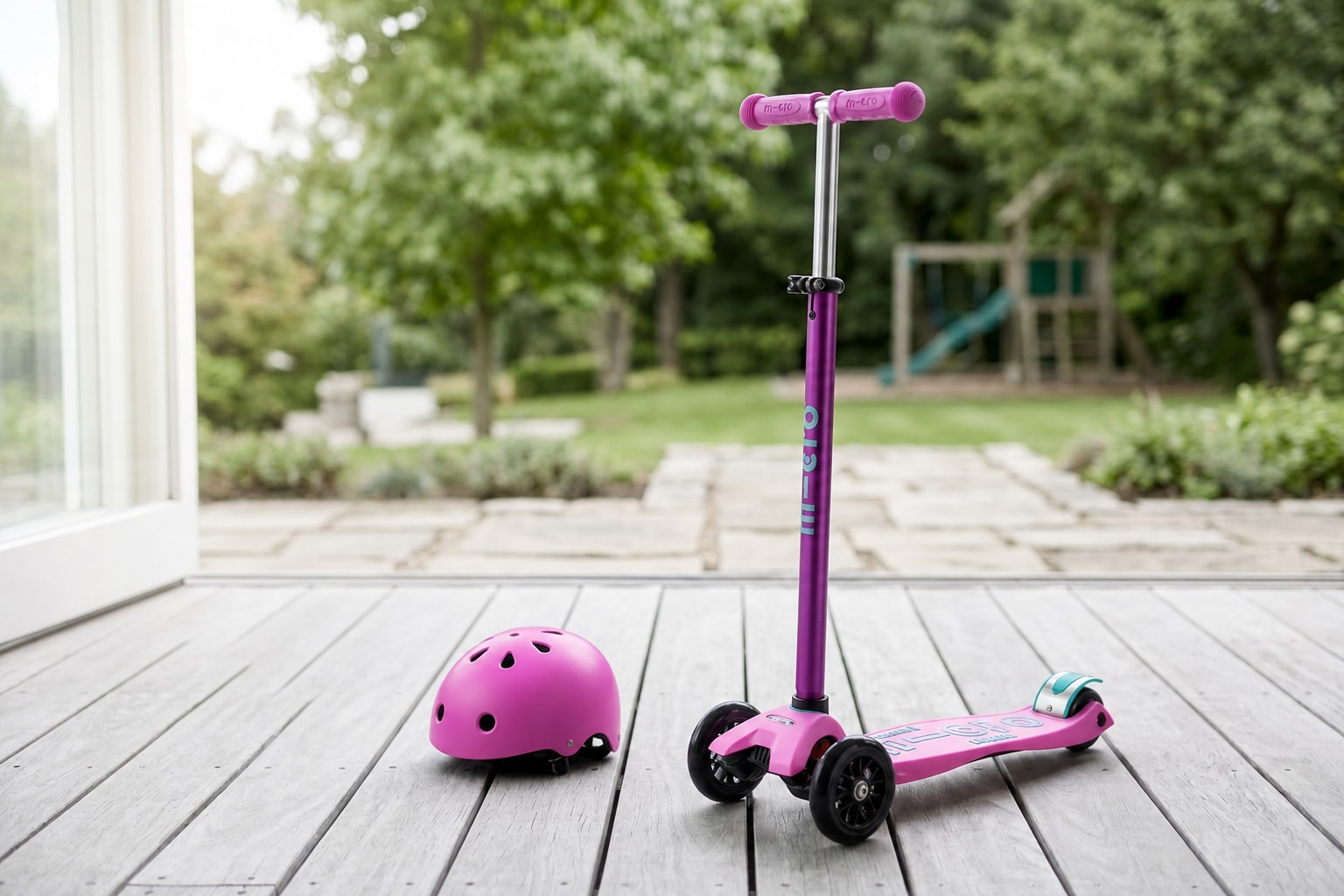 Pink three-wheel kids scooter on a clear patio beside a helmet