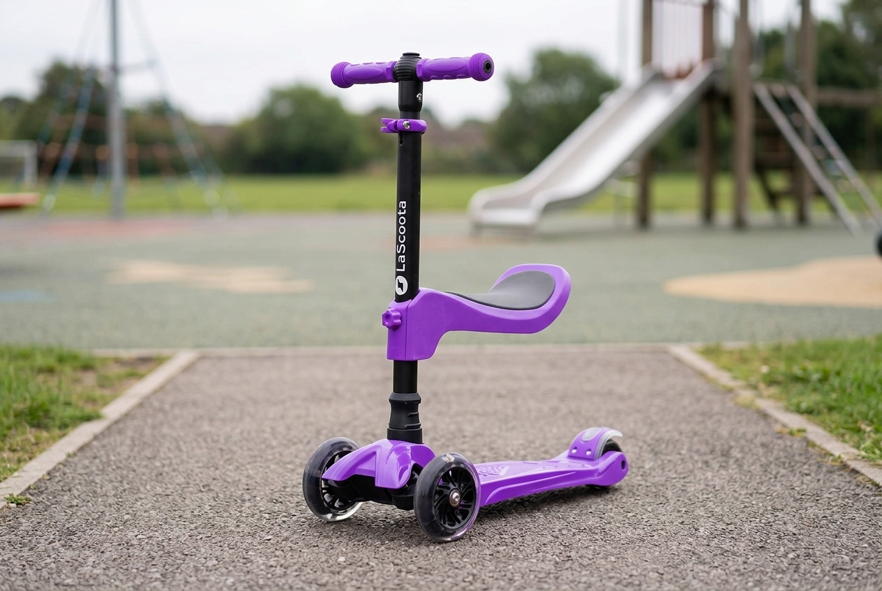 a sit-or-stand three-wheel kids scooter with purple accents