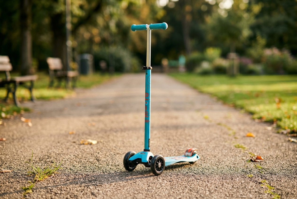 a three-wheel lean-to-steer kids scooter with teal accents
