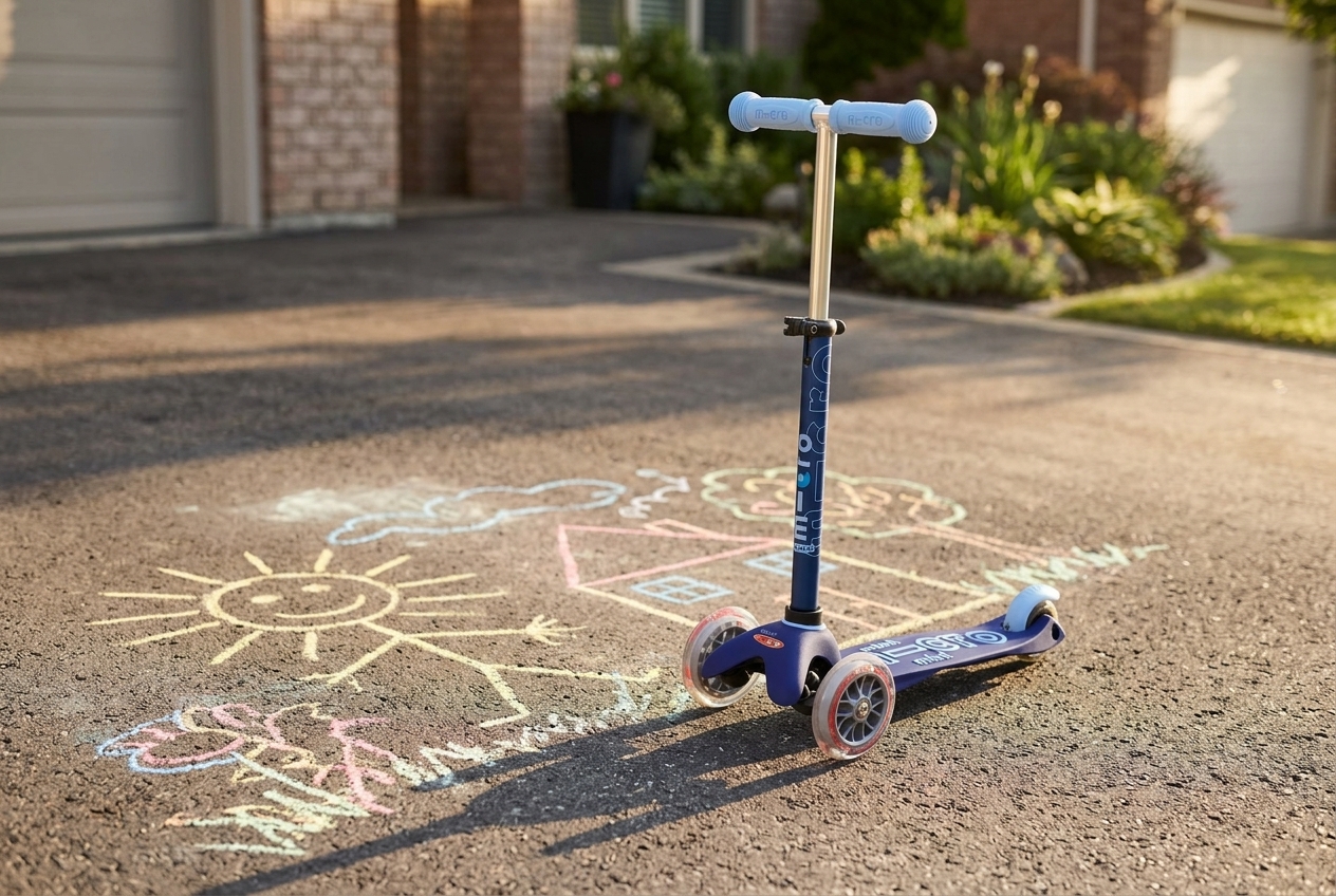 a smaller preschool three-wheel scooter with pale blue accents