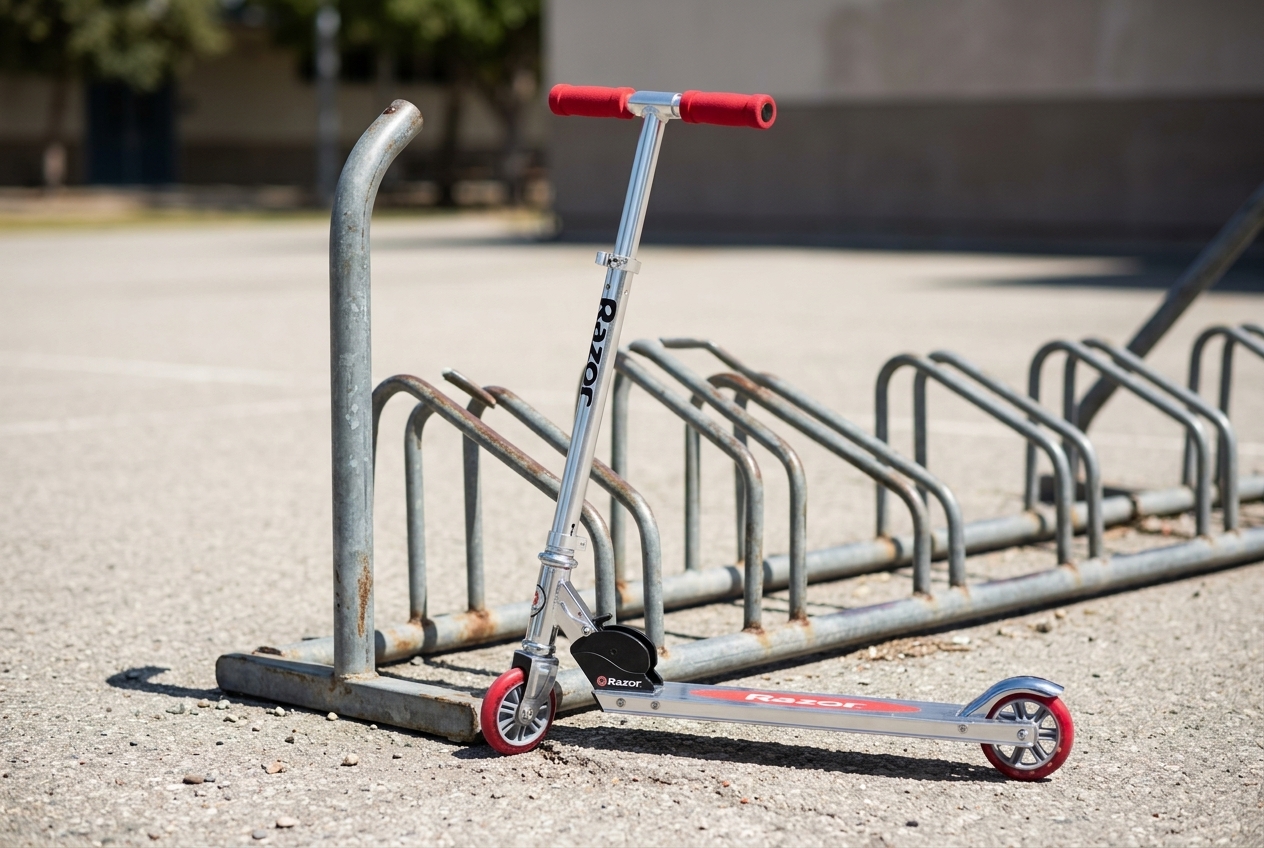 a classic two-wheel folding kick scooter with red accents