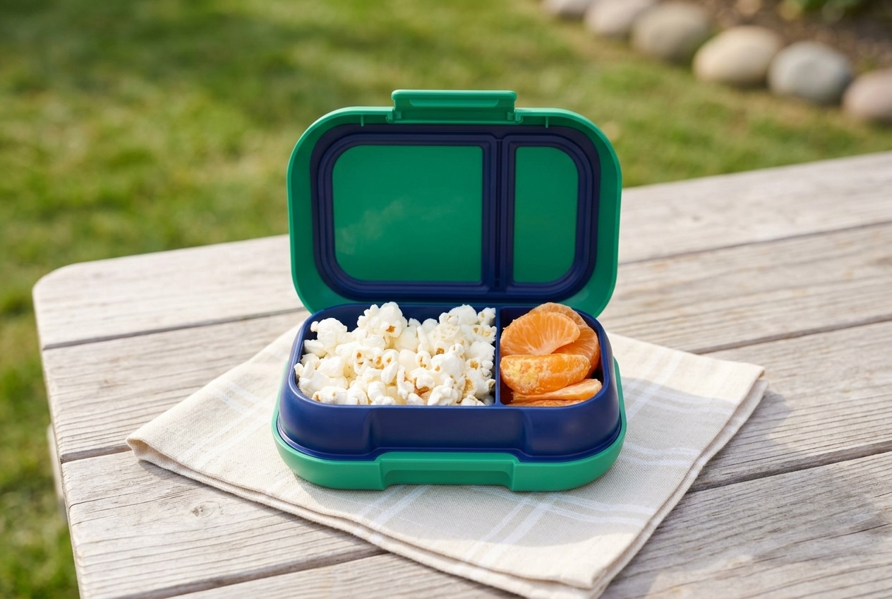 Divided preschool snack box with berries, crackers, and cheese cubes