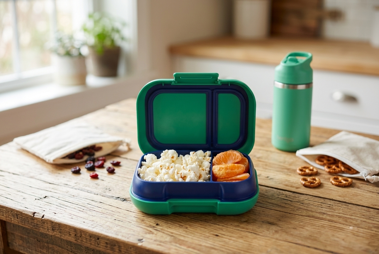 Kids snack containers with berries, crackers, cheese, and fruit beside school bags