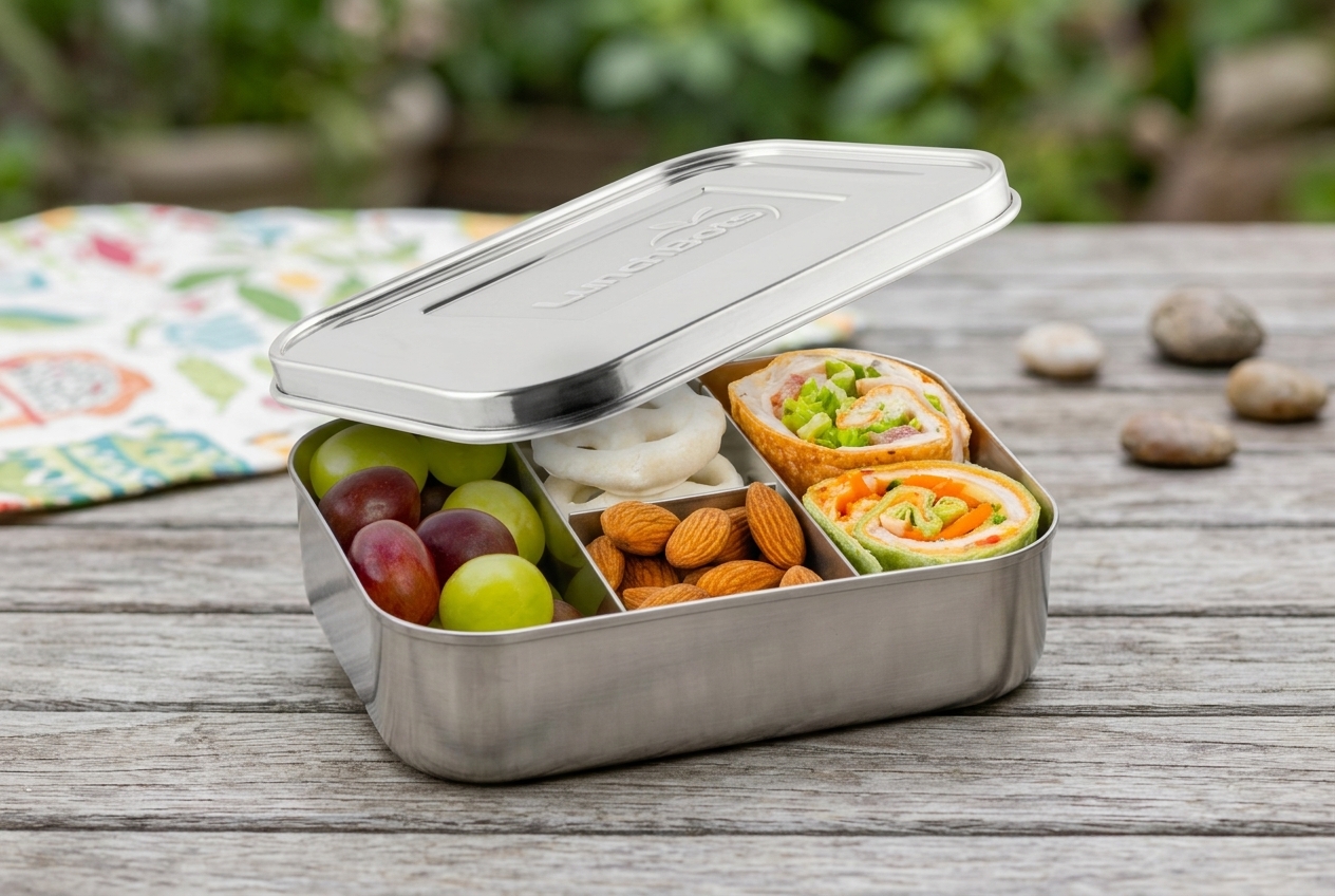 Stainless divided snack container with dry snacks and fruit