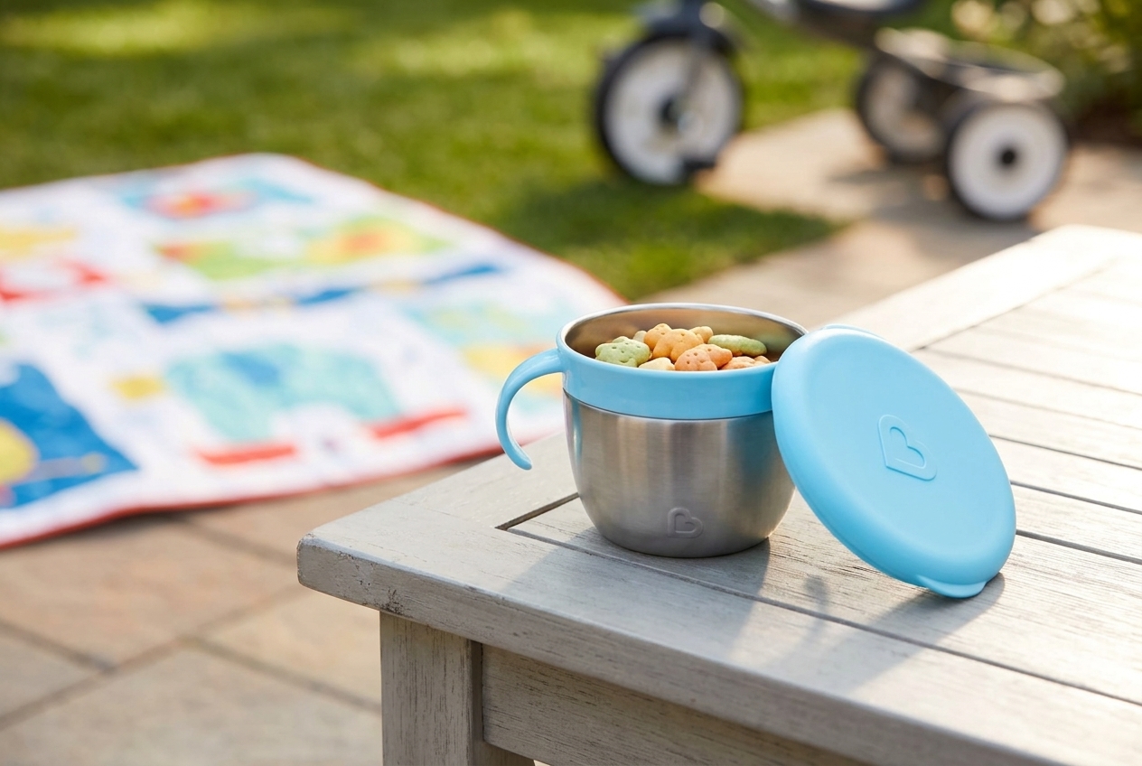 Munchkin Snack+ Stainless Steel Snack Catcher, Light Blue in exact product photography
