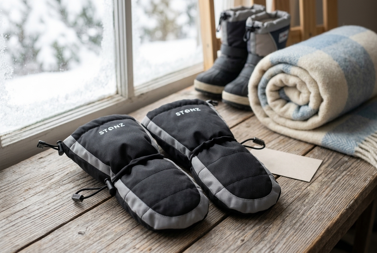 Kids snow mittens on a wooden bench in natural light