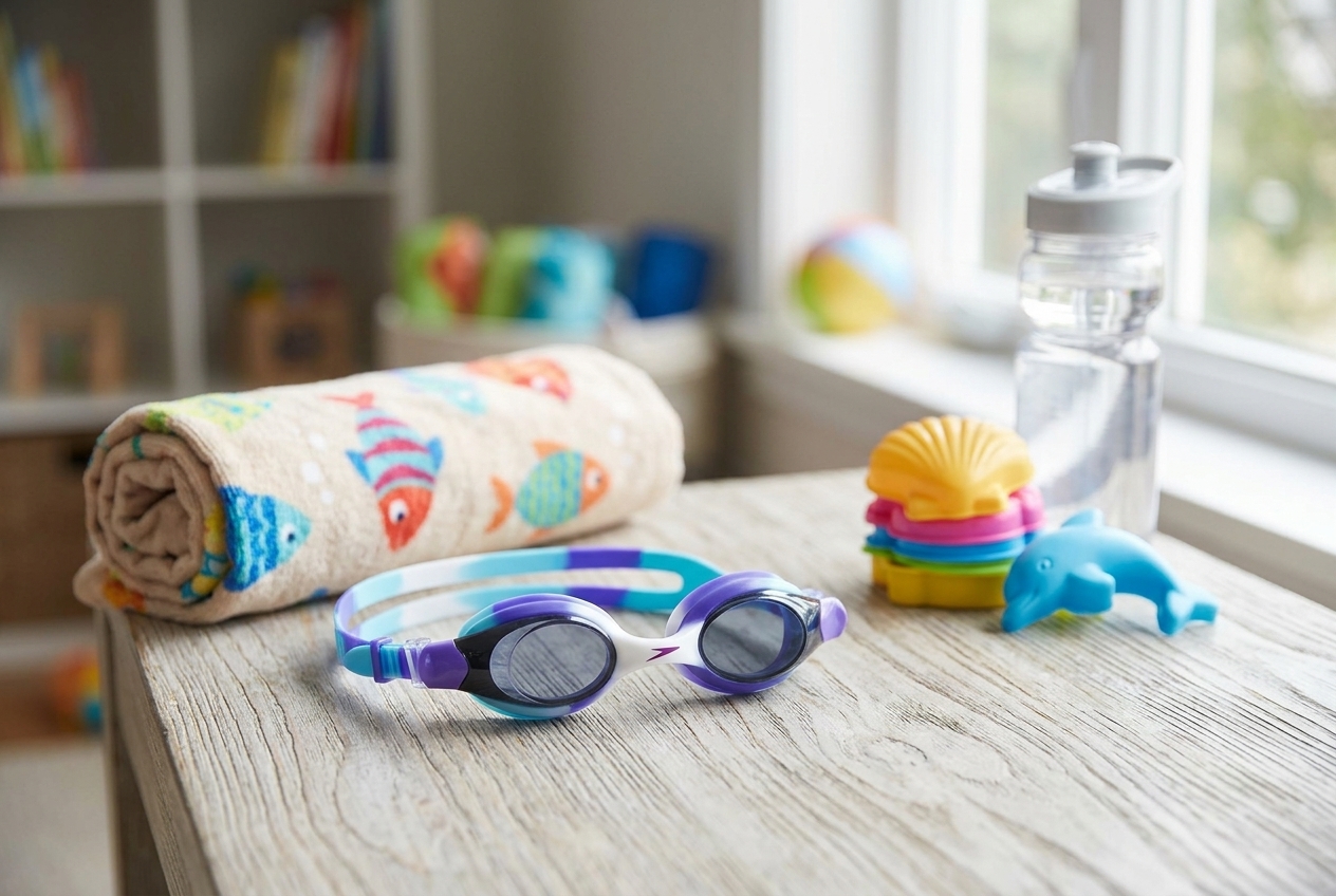 Kids swim goggles on a poolside towel next to a swim bag and cap
