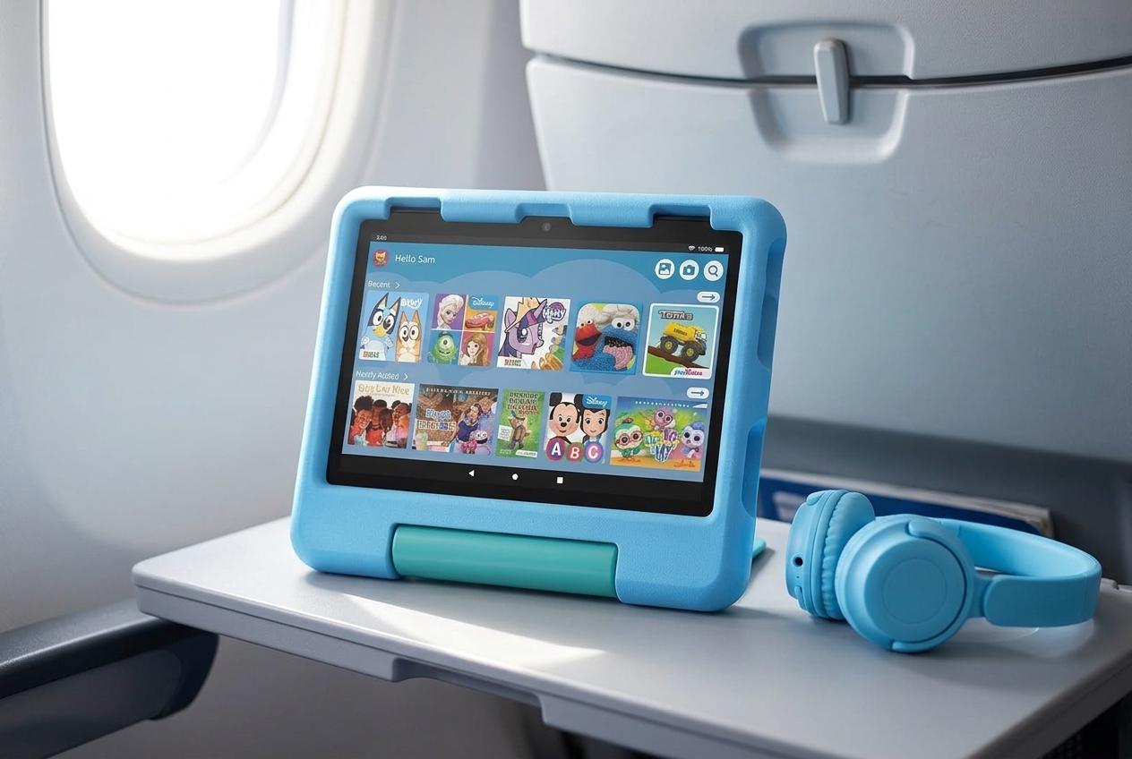 Blue Amazon Fire HD 8 Kids tablet on an airplane tray table with kids headphones