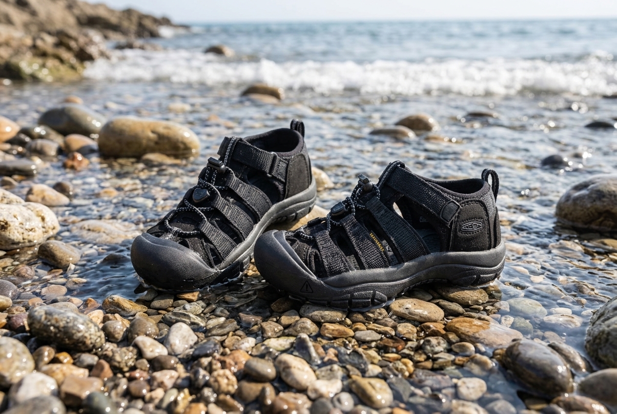 Four kids water shoes on wet pebbles at a rocky shoreline