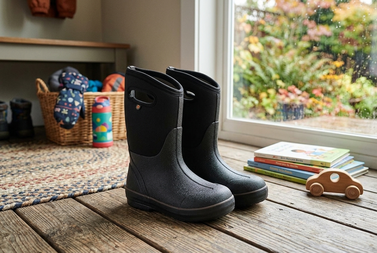 Black and charcoal pull-on winter boots on a muddy boot tray beside a snowy doorway