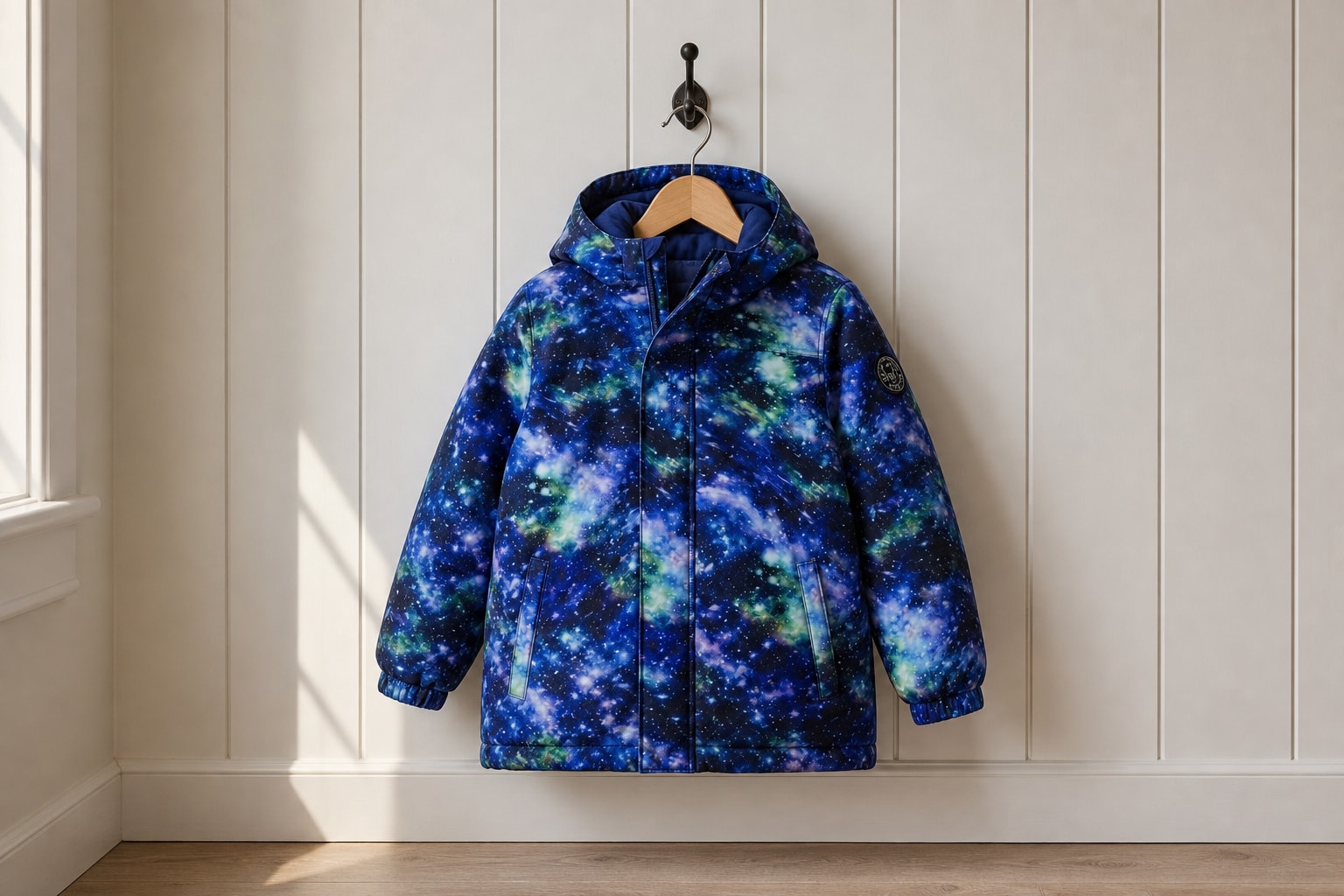 Blue galaxy-print kids winter parka hanging alone on a mudroom wall hook