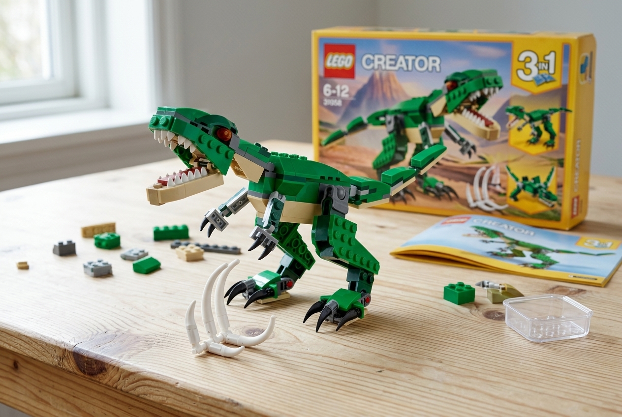 Four exact LEGO Creator 3-in-1 models assembled on a family playroom table