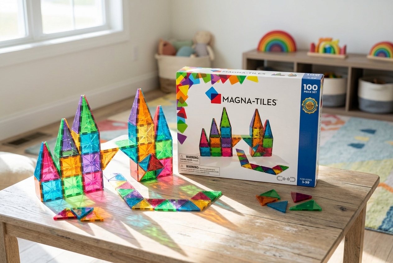Colorful translucent magnetic-tile castle with loose pieces on a playroom rug