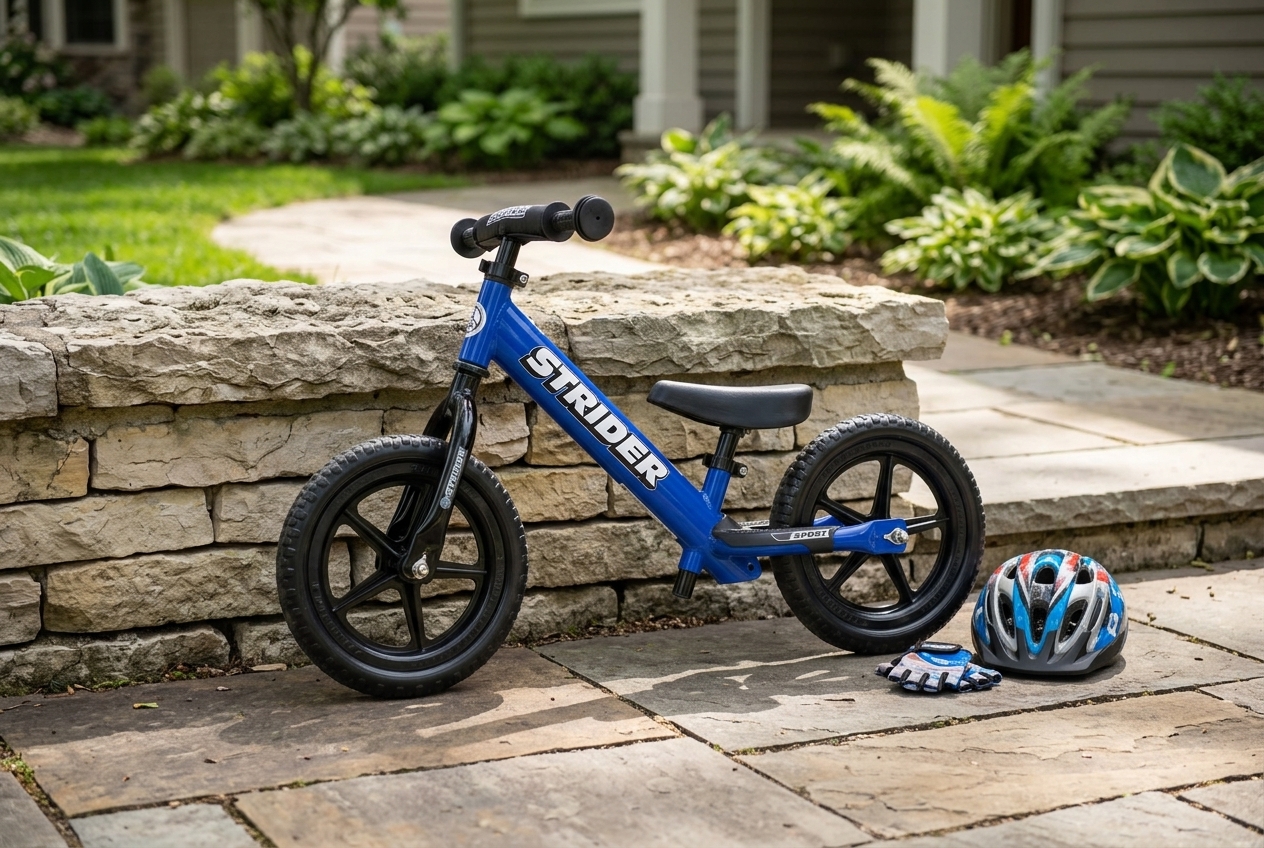 Blue Strider 12 Sport leaning against a low stone garden wall beside a child’s helmet
