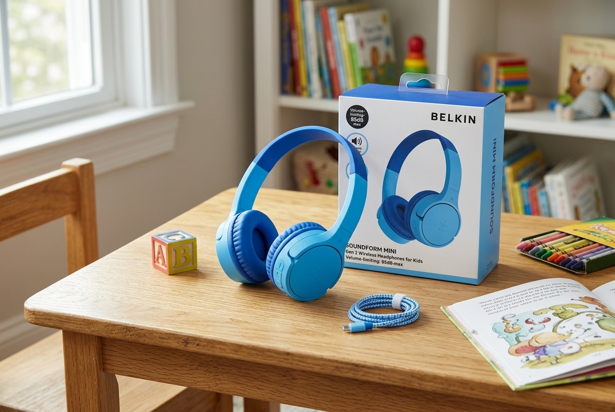 Unbranded kids travel headphones with a tablet, backpack, cable, and airplane adapter