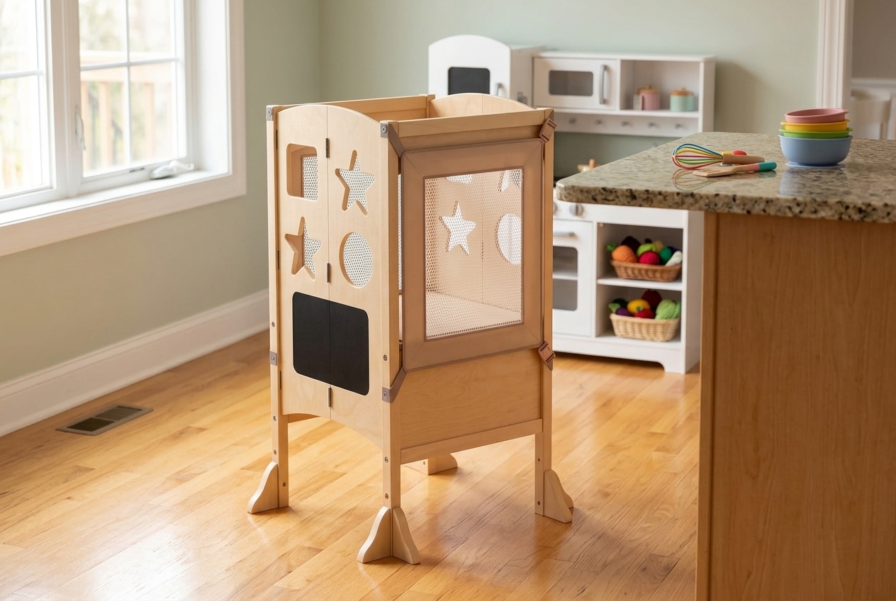 Guidecraft Classic Kitchen Helper wooden learning tower beside a kitchen counter