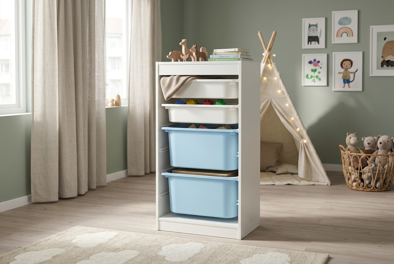 Bright children's playroom with toys and storage