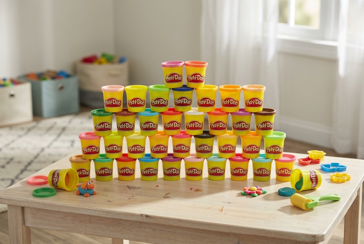 Colorful modeling dough containers for supervised toddler table play