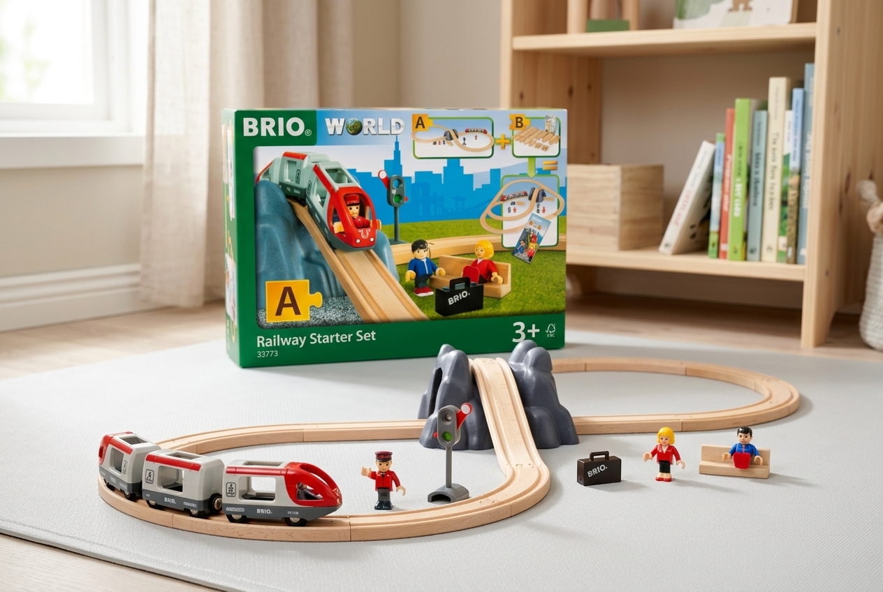 Wooden railway with a black engine, red and green wagons, station, and bridge on a playroom rug