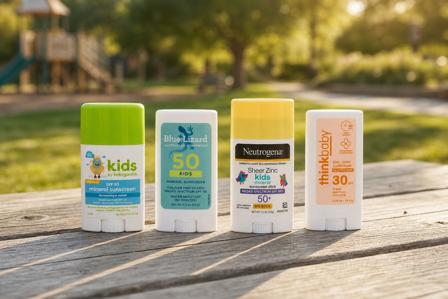Four labeled kids sunscreen sticks on a sunlit park table