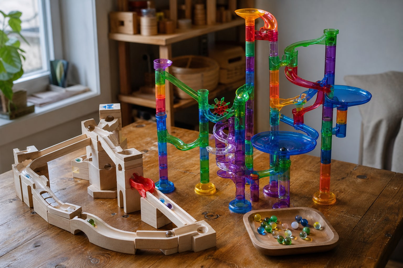 Unbranded wooden and translucent plastic marble runs assembled on a family play table