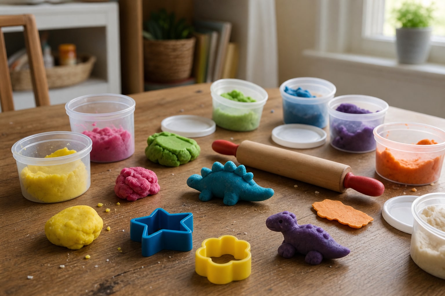 Unbranded modeling dough, simple tools, and handmade shapes on a family craft table